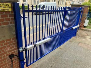 Blue metal automatic gate Astra Security Systems